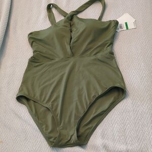 Becca Olive Green twist neckline One Piece Swimsuit removable cups Large